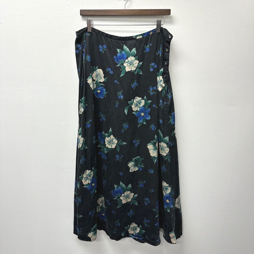 90s Limited Indie Sleaze Romantic WhimsyGoth Silk Black Floral Midi Skirt 14‎